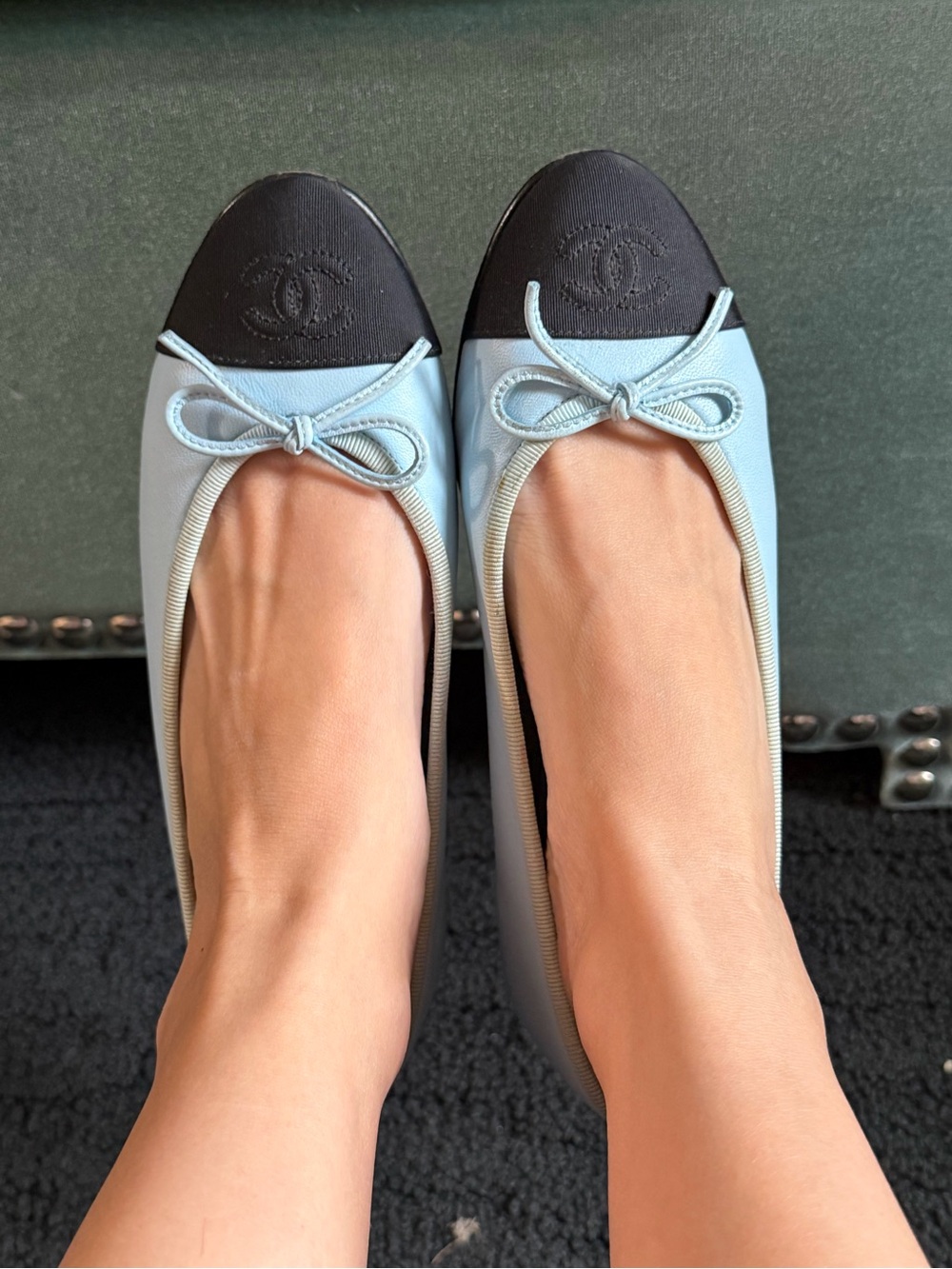 Chanel Two Tone Leather Ballet Flats Light Blue Black CC Bow Shoes 36.5